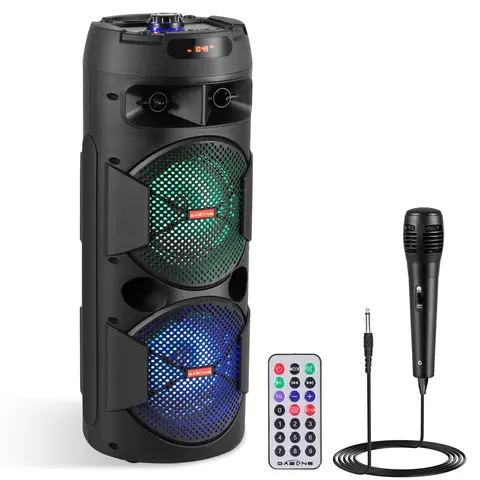 DAZONE Powerful Wireless Stereo Speaker with Dual 6.5" Large Subwoofers, Rechargeable Bluetooth LED Speaker, AUX, TWS, FM, Remote Control, Hands-Free Mic for Parties