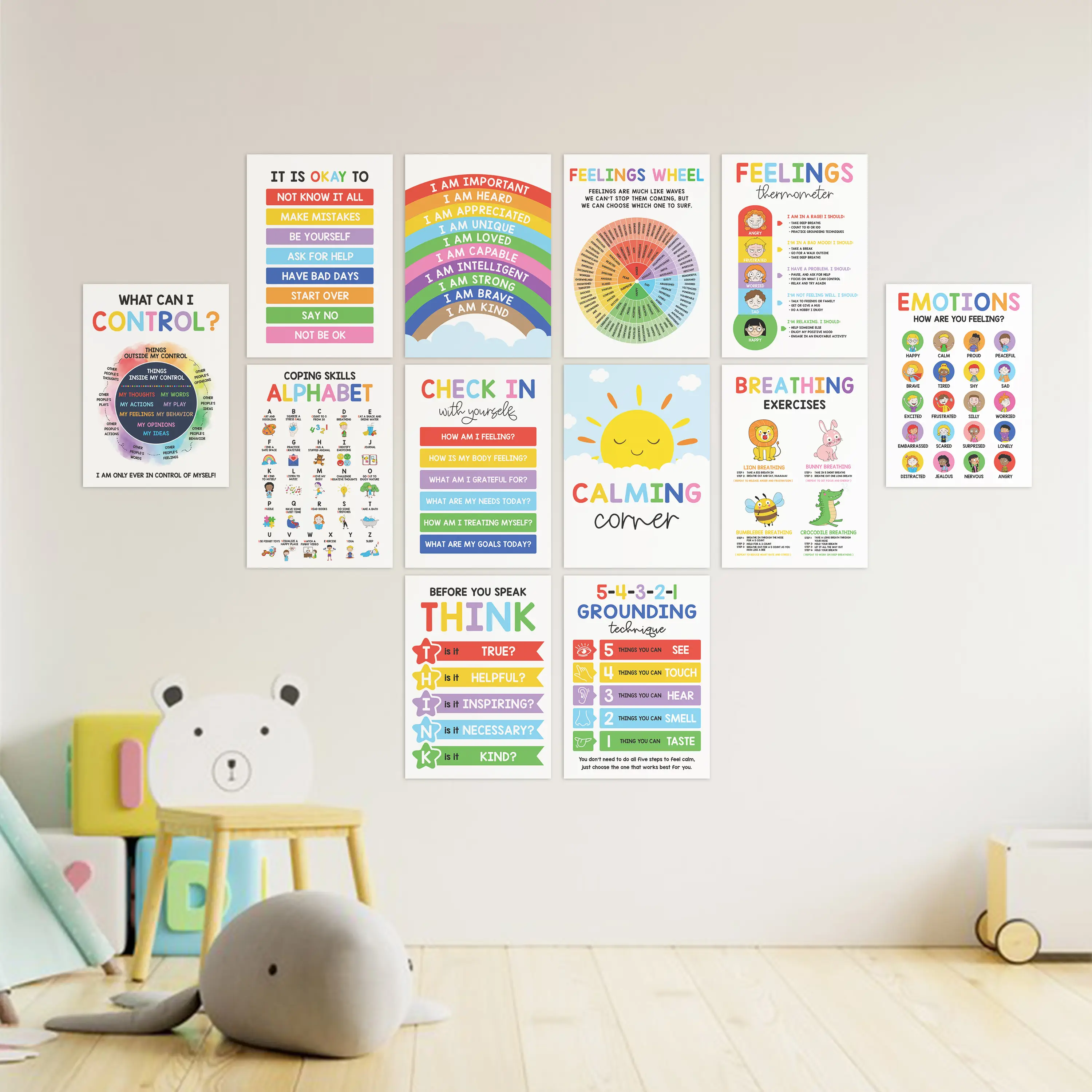 12 Pcs Calming Posters – ESL, Emotions Chart & Feelings Wheel for Kids, Calm Down Corner Supplies, Classroom & Therapy Decor Visual Learning to regula