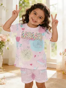 Sweetheart Mama Baby Girl's Digital Print 100% Polyester Short-sleeve Set, a lovely casual outfit for baby girls, suitable for daily wear and outdoor sports as a T-shirt, a perfect gift for babies and toddlers.