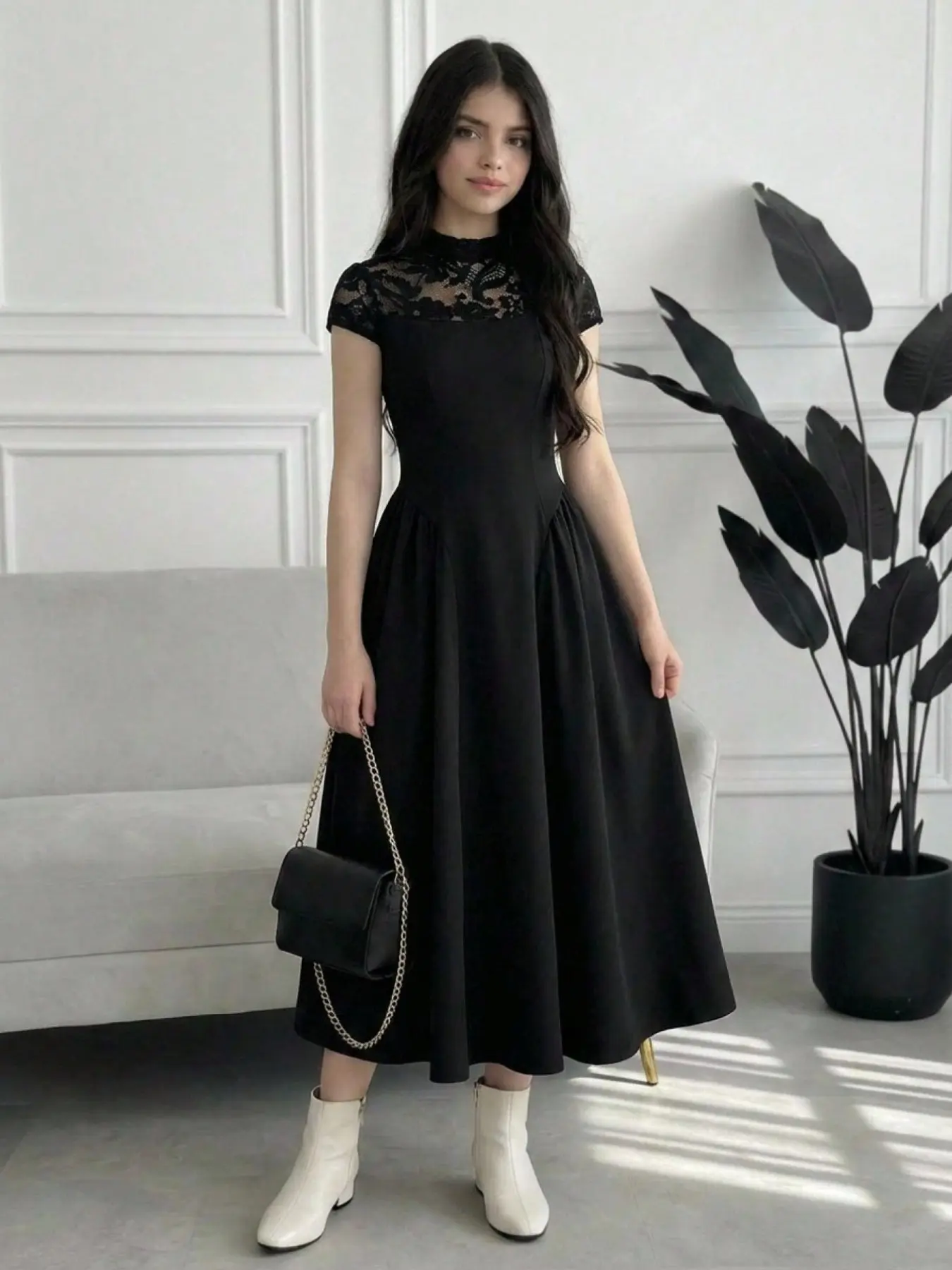 Teen Girl Summer Elegant Stand Collar Lace Dress, Slimming A-Line Birthday Party Princess Dress, Short Sleeve Midi Dress for Outing