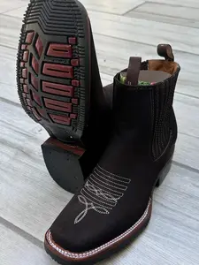 MENS COWBOY Boots Brown Nubuck square toe half boots boutines rubber sole Nobuck Chelsea