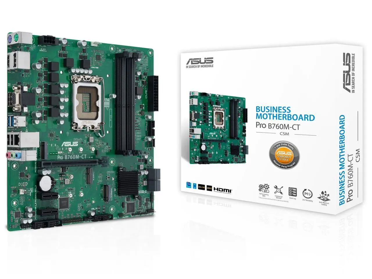 ASUS Pro B760M-CT-CSM Intel socket LGA1700 for 13th&12th Gen Intel processors mATX commercial motherboard,DDR5,PCIe 4.0,two M.2 PCIe 4.0 slots, front USB 3.2 Gen 1 Type-C, dual Display ports, HDMI, D-Sub,TPM IC onboard, Q-LED Core