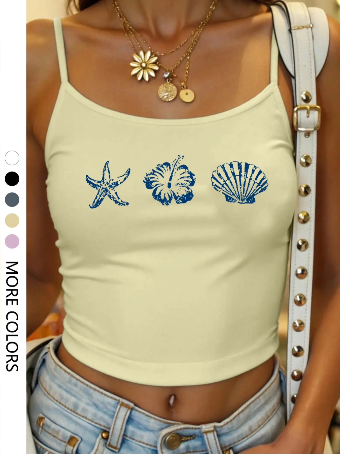 Women's Starfish Shell Floral Print Tight-Fitting Spaghetti Strap Cami Tank Top, Casual Sleeveless Graphic Cropped Design, Summer Homewear for Ages 13-65+ Style, Boho Sleeveless Top