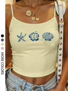 Women's Starfish Shell Print Tight-Fitting Spaghetti Strap Tank Top, Casual Sleeveless Graphic Cropped Design, Summer Homewear for Ages 13-65+