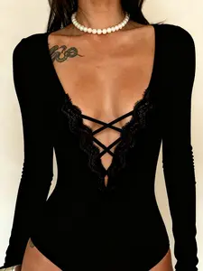 Elegant V-Neck Long Sleeve Bodysuit for Women, Lady, Womenswear, Contrast Lace Patchwork, Perfect for Nightclubs and Parties, Fashionable and Stylish