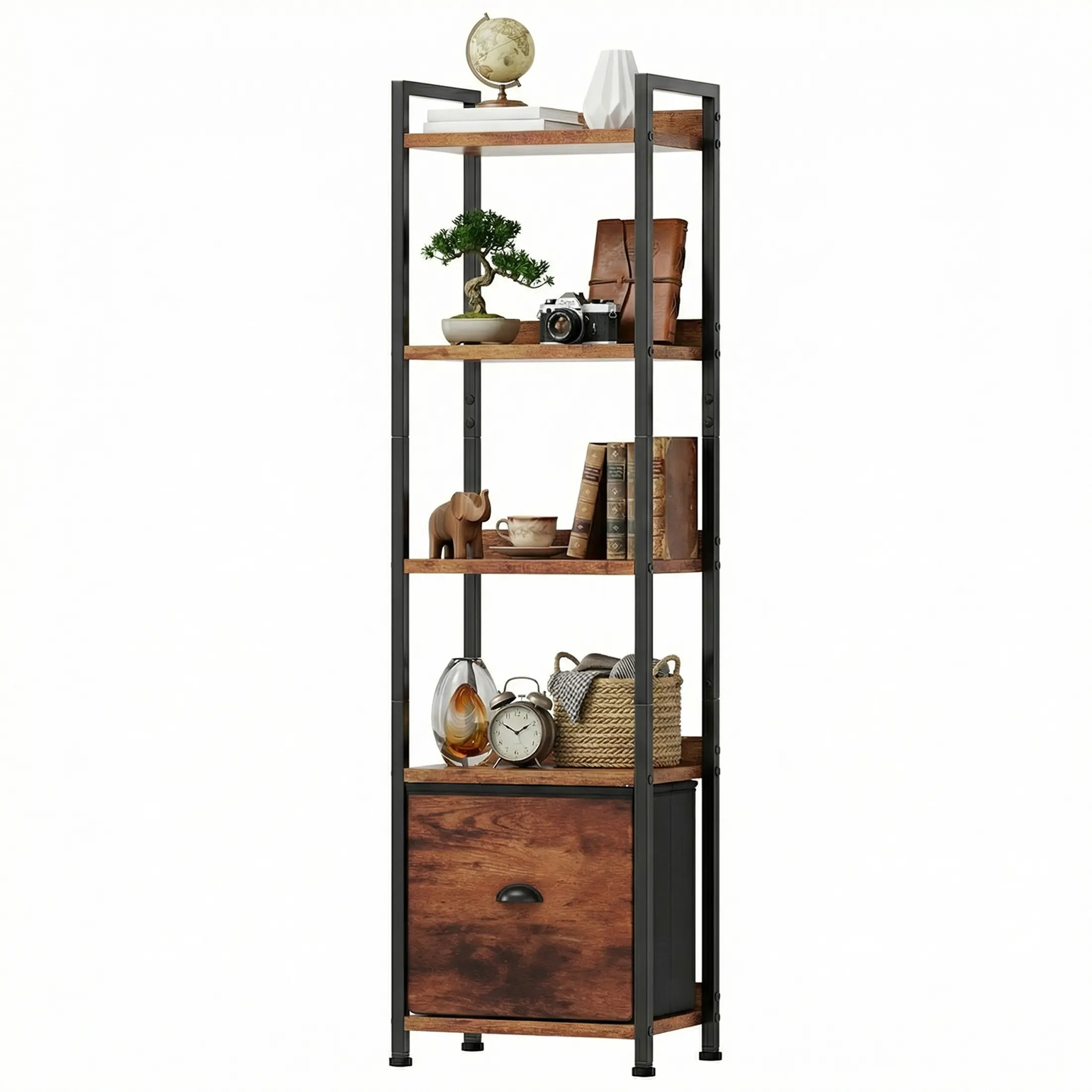 Modern Slim Bookshelf with Fabric Drawer – Tall Narrow Wood & Metal Storage Unit, Space-Saving for Living Room Bedroom