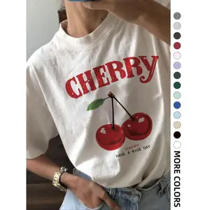 Women's Cherry & Letter Print Drop Shoulder Tee, Casual Trendy Short Sleeve Round Neck T-Shirt, Ladies Clothes for Daily Wear, Summer Tshirt
