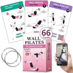 Wall Pilates Workouts for Women - 66 Exercise Cards with Videos & Workout Plan - Includes 5-Week Challenge, E-book, Chart & 2 Rings for Easy Organization - Home Pilates Workout Guide