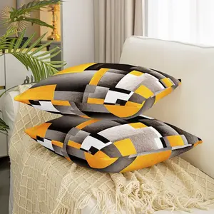 Feelyou Polyester Geometric Buffalo Check Throw Pillow Covers - Set of 2, Yellow-Grey-Black Square, Invisible Zip, Easy Care, Machine Washable, Bedroom Home Decor Accessories