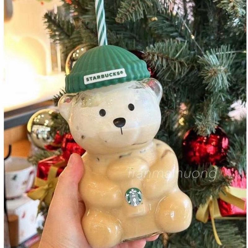 Starbucks Holidsy Bearista Glass Bear Tumbler - LIMITED EDITION with Green Lid and Striped Straw