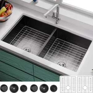 33x19 Stainless Steel Kitchen Sink – Double Bowl 50/50, Commercial Grade, Sleek Black Finish