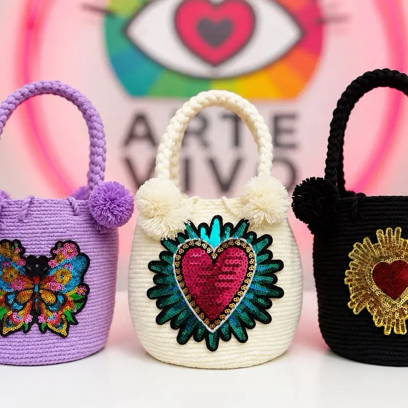 Mini Wayuu Bag with sequin Design 6H x 8W x 12 Strap | Handmade Small Mochila | Cute Top Handle Purse