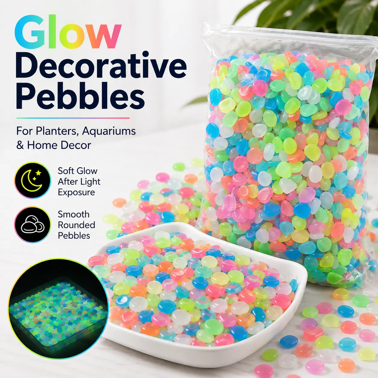 500 Pcs Glow in the Dark Decorative Pebbles, Colorful Smooth Resin Stones for Planters, Fish Tanks, Vases, Garden Pots, Walkways & Home Decor, Garden Stones Outdoor, Landscaping Decor