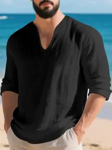 Men's V Neck Linen Shirt Casual Loose Fit Long Sleeve Top, Breathable Thin Fabric for Spring & Fall, Perfect for Beach VacationGift