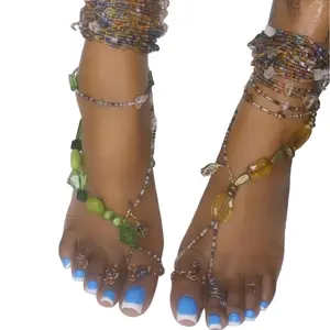 2 Green & Golden Toe-In Wrap Adjustable Anklet