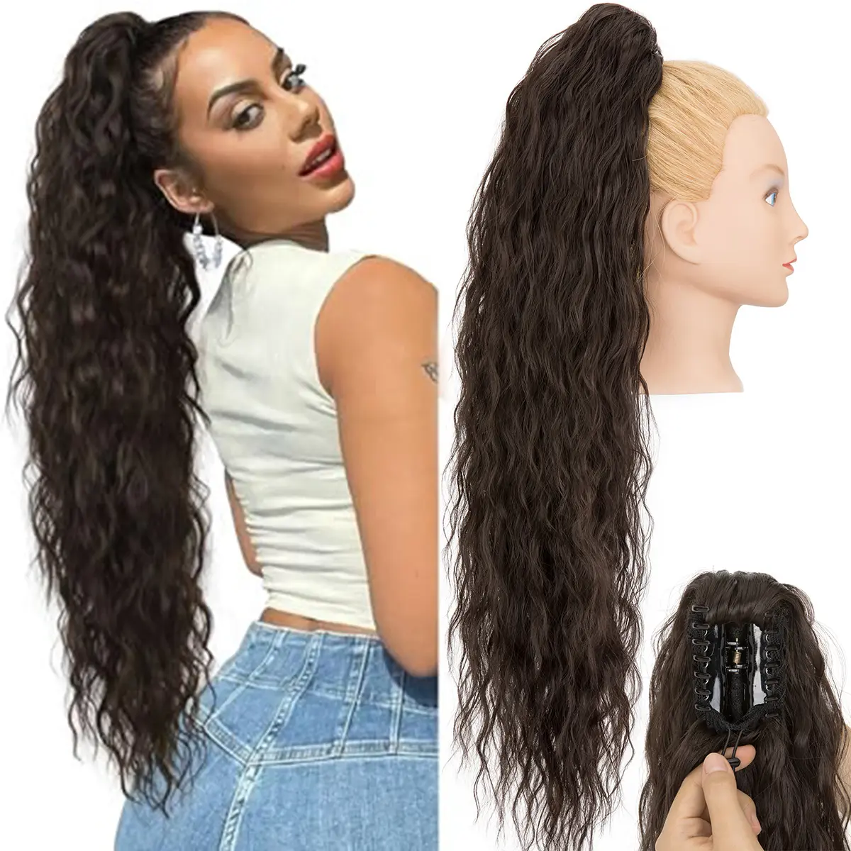 Women's 24-Inch Body Wave Corn Wavy Ponytail Extension with Claw Clip, 165g Heat-Resistant Synthetic Hairpiece, Volume Boost, Adds Hair Length and Volume, Lightweight for Parties, Synthetic Hairpieces, Wavy Curly Ponytails