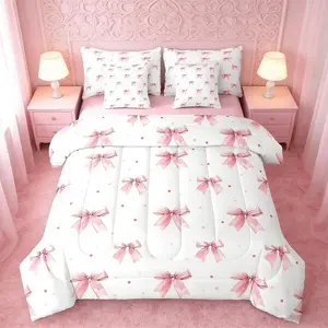 7 Pieces Pink Bow Comforter Set,Watercolor Bow Print Bedding Set,Kawaii Bowknot Bed in A Bag with Comforter,Fitted Sheet,Flat Sheet and Pillowcases,Kids Girl Women Room Decor