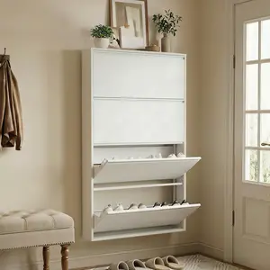Slim Shoe Cabinet with 4 Flip Drawers, Wall Mounted Metal Shoe Storage Cabinet for Entryway Hallway Narrow Space Organizer, White