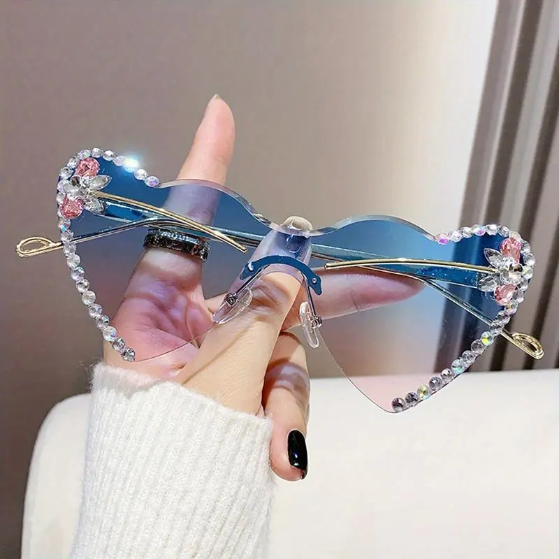 Women's Oversized Semi-Rimless Heart-Shaped Metal Fashion Sunglasses - Crystal-Encrusted, Pink-Tinted PC Blue Light Blocking Lenses, Natural Material, Lightweight Durable for Beach, Driving, Womens Sunglasses, Crystal-Encrusted Women's Sunglasses
