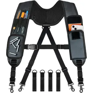 Tool Belt Suspenders, Tool Bag Suspenders, Work Belt with Wristband and Loop, Padded Construction for Carpenter, Electrician, Framer, Blue-gray