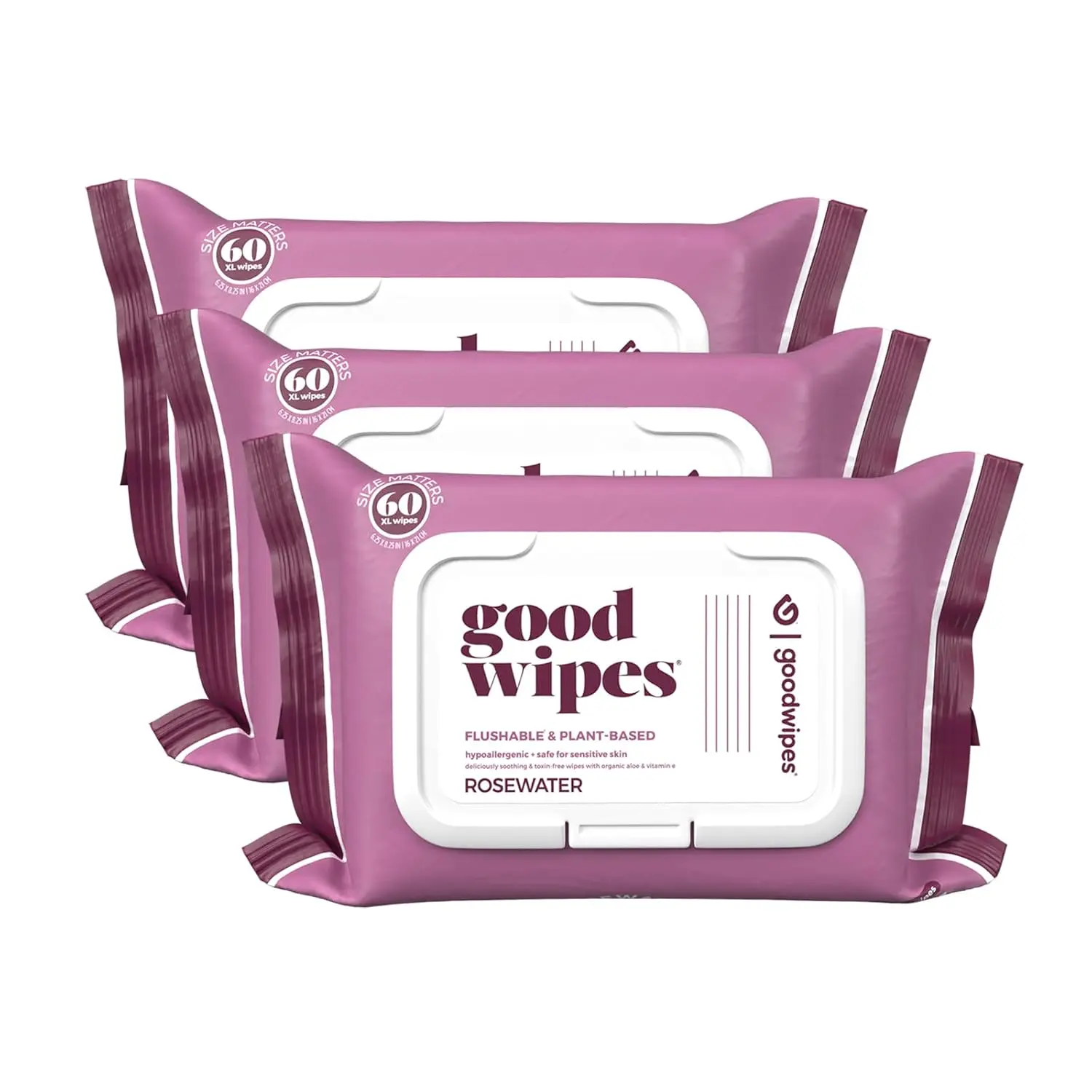 Goodwipes Rose Scented Flushable Personal Butt Wipes, Rosewater with Soothing Botanicals & Aloe, 180 Count (3 Packs) - Hypoallergenic, Moisture Lock, Eco-Friendly, Septic & Sewer Safe Toilet Wipes