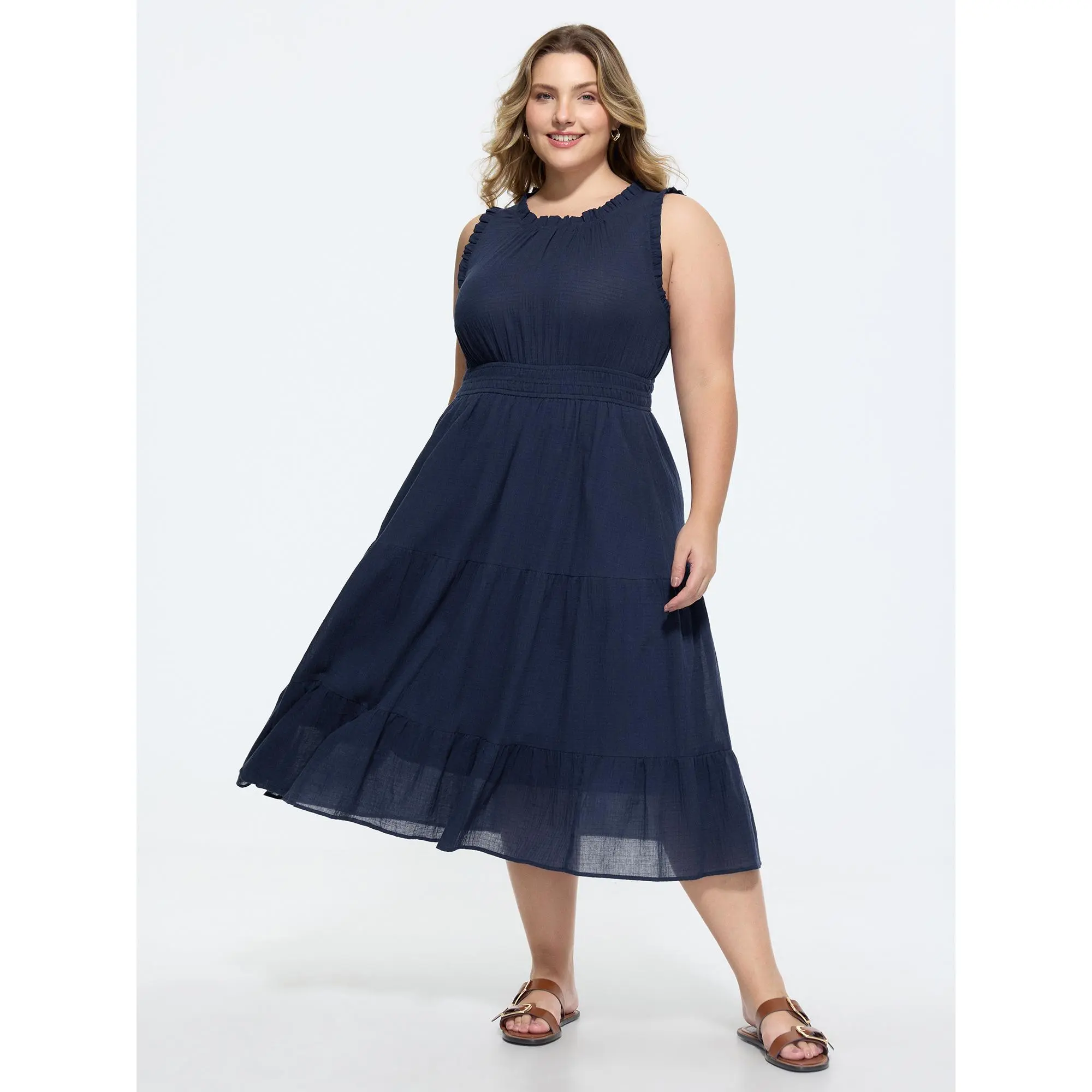 BloomChic Plus Size Basic Solid 100% Cotton Maxi Dress, Casual Sleeveless Summer Style with Smocked Tiers and Pockets, Smooth, Polyester