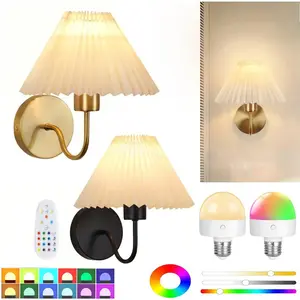 2-piece retro gold 27cm pleated fabric wall lamp with RGB rechargeable light bulb suitable for bedroom, bedside, dressing table, wall lamp, Home Decor Light, living room, study, wall mounted lamp