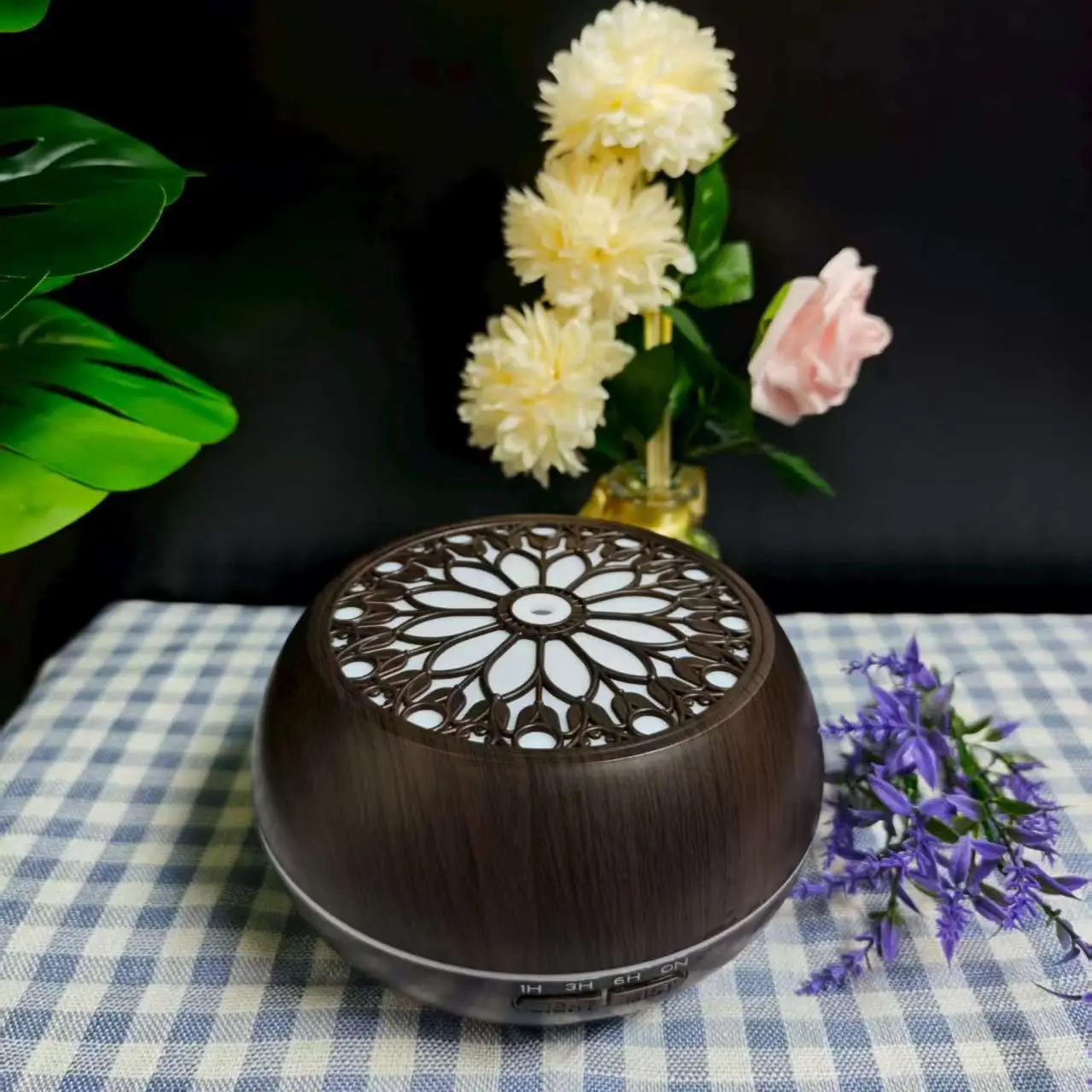 Aroma Essential Oil Diffuser | Ultrasonic Cool Mist Humidifier with Remote & Timer | Dark Wood Grain Design, Silent Operation, LED Ambient Light | Id