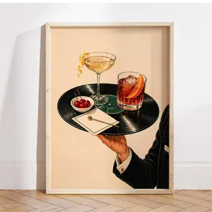 [No Frame] Vintage Cocktail Print, Vinyl Record Bar Tray, Retro Martini Lounge Decor