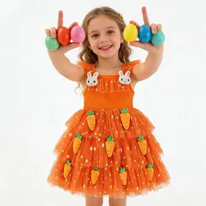Toddler Girl Easter Outfit Kids Bunny Dress with Carrot Appliques, Pink/Orange Starry Tulle Dress for Baby Girls 12M-6Y Perfect for Easter Egg Hunt, Birthday Party, and Photoshoot