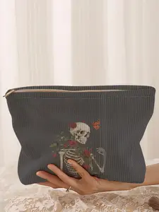 Skull Rose Print Corduroy Makeup Bag, Cartoon Style, Cute Lightweight Multi-Functional Fashion Casual Cosmetic Pouch, Travel Organizer