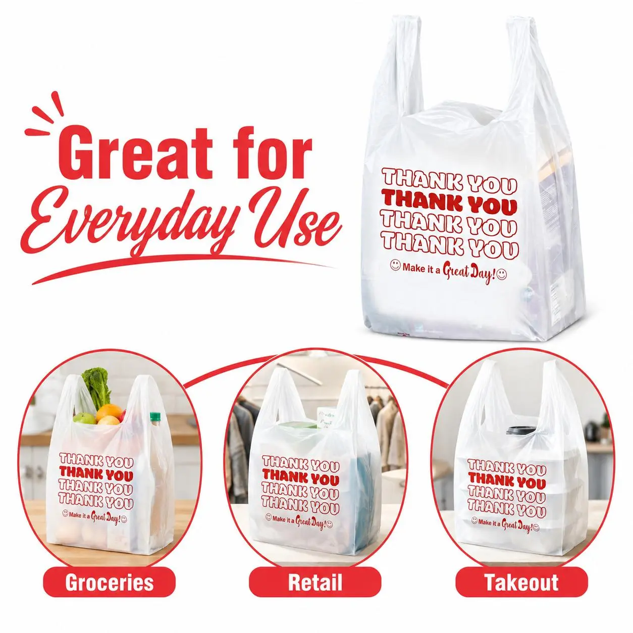 Classic Translucent White 1/8 Size Polyethylene Thank You T-Shirt Bags with Handles - 1,000-Count Case, High-Capacity Shopping Bags for Grocery, Retail Use