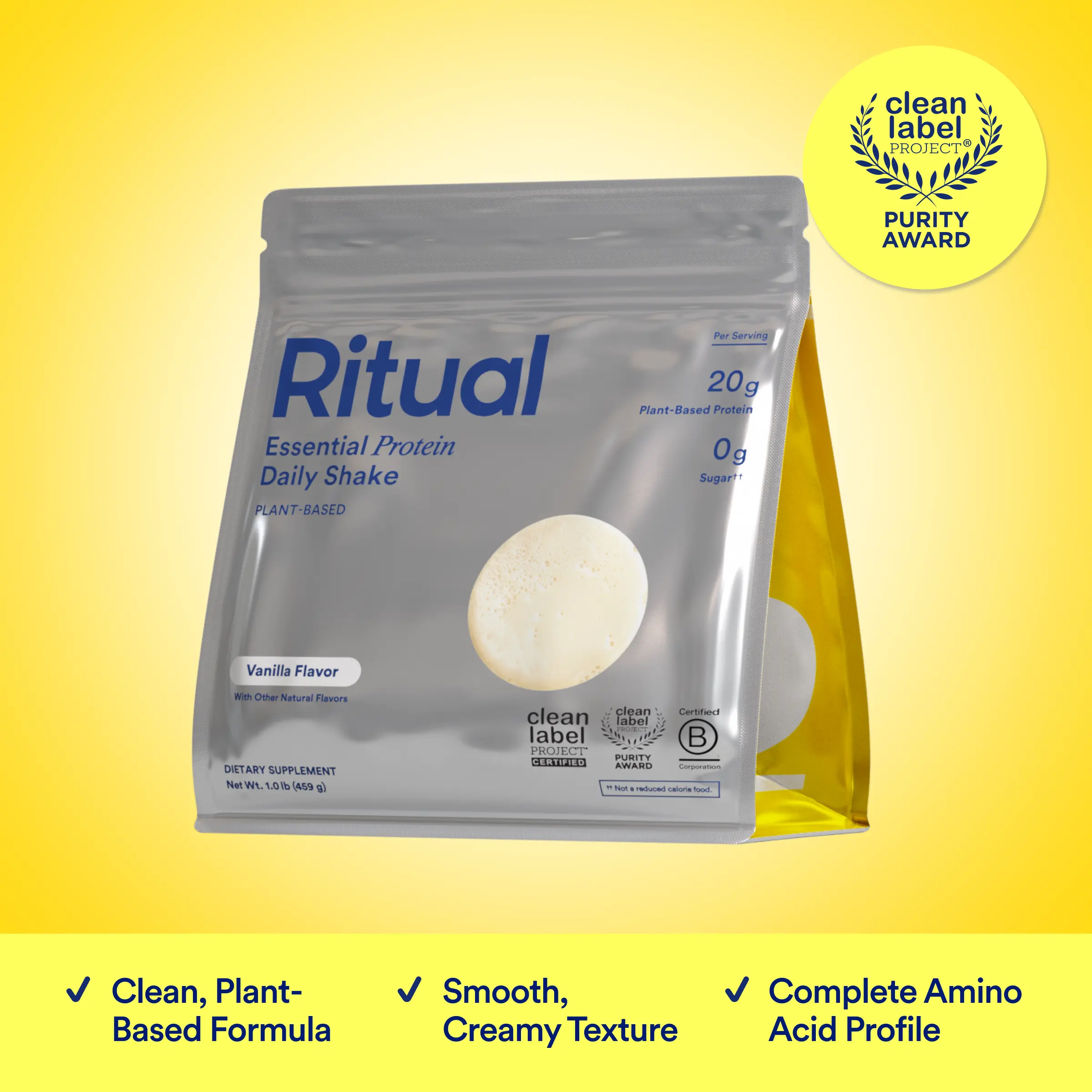 Ritual Vegan Protein Powder - 20g Pea Protein with BCAA Complete Amino Acid Profile - Supports Lean Muscle* - Plant-Based Protein - Tested for Heavy Metals - Sugar-Free** - Non-GMO - Vanilla - 1 Lbs