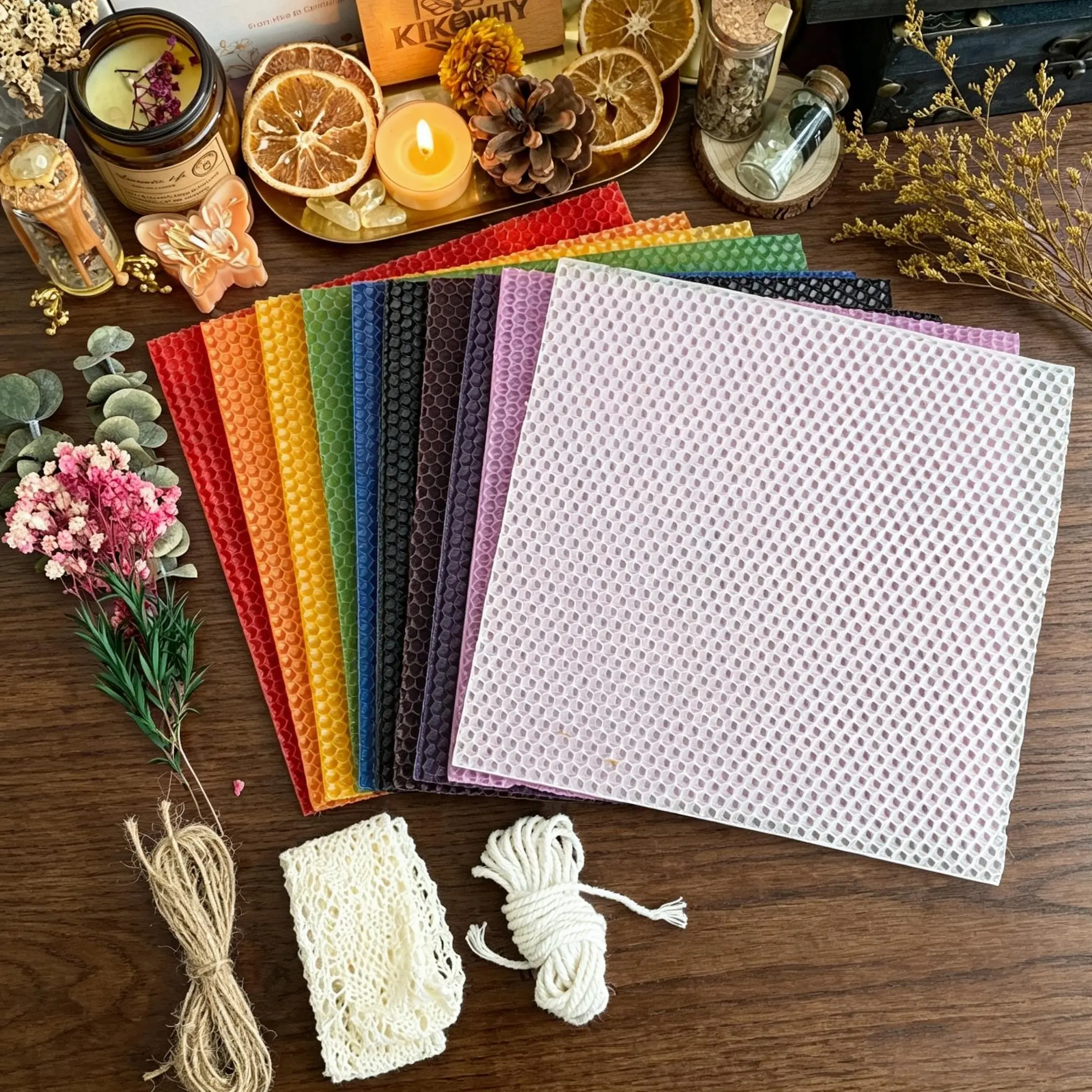 10pcs 20x20cm Natural Honeycomb Beeswax Sheets Candle Making Kit - Cotton Wicks, Dried Flower Accessories, Unscented Honeycomb Wax Decor for DIY Handmade Crafts, Home Ambient Lighting, Halloween Gift, Wax Candles
