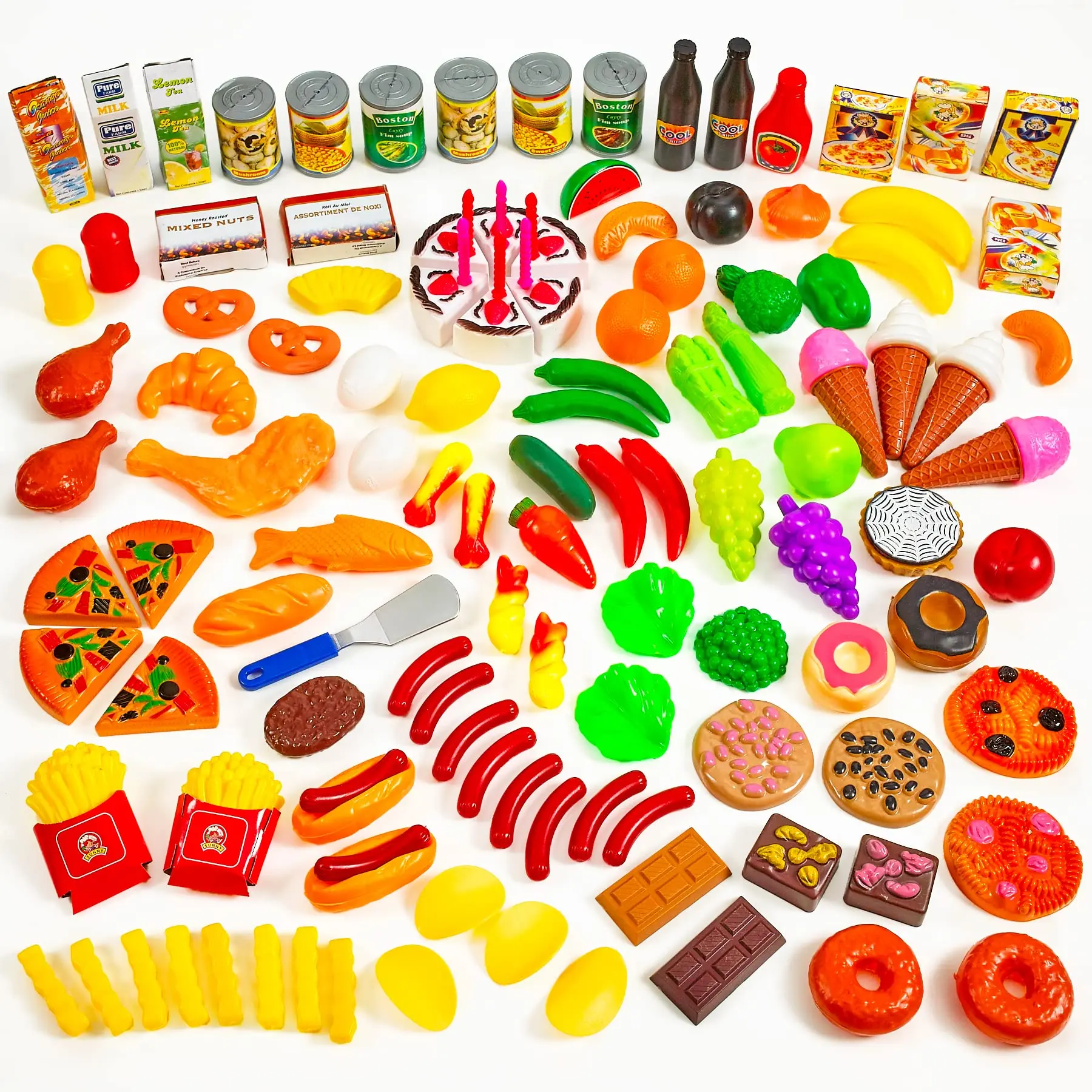 MEDca Kids Play Food Set - 130 Piece Pretend Play Collection - Assorted Fake Food Set Includes Fruits, Vegetables, Snacks, Dessert, Juices, Canned Goods and More for Boys and Girls