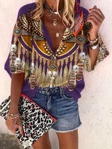 Western Ethnic Bohemian Style Top, Geometric Print Three-Quarter Sleeve Women's Shirt, Blouse, Fringe, Button, Unique Design, Perfect for Daily Wear & Special Occasions