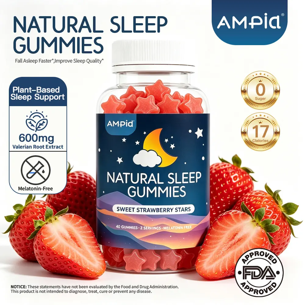 【Buy 1 Get 1 Free】AMPIA Natural Sleep Support Gummies, 600mg Valerian Root Extract, Melatonin-Free, Sugar-Free, Plant-Based, Sweet Strawberry Flavor, 40-Count