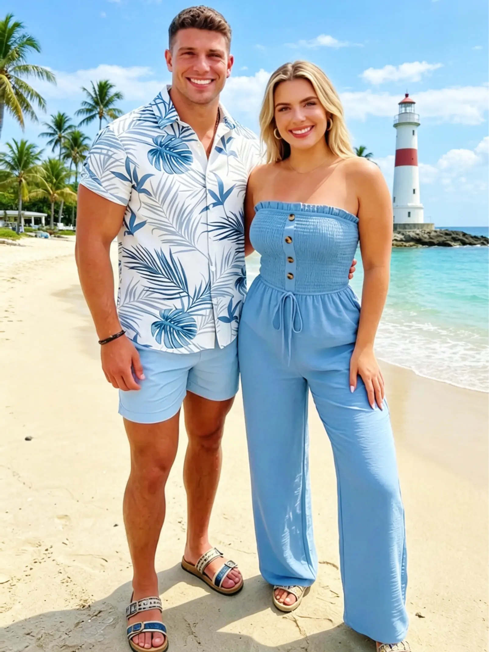 DRESSLILY Couples Matching Clothes Set, Her Chic Solid Off-the-Shoulder Smocked Jumpsuit & His Leaf Print Polyester Shirt for Vacation, Style, Fabric, Lightweight, Tropical, Breathable, Outfits, Lady, Halter Neck
