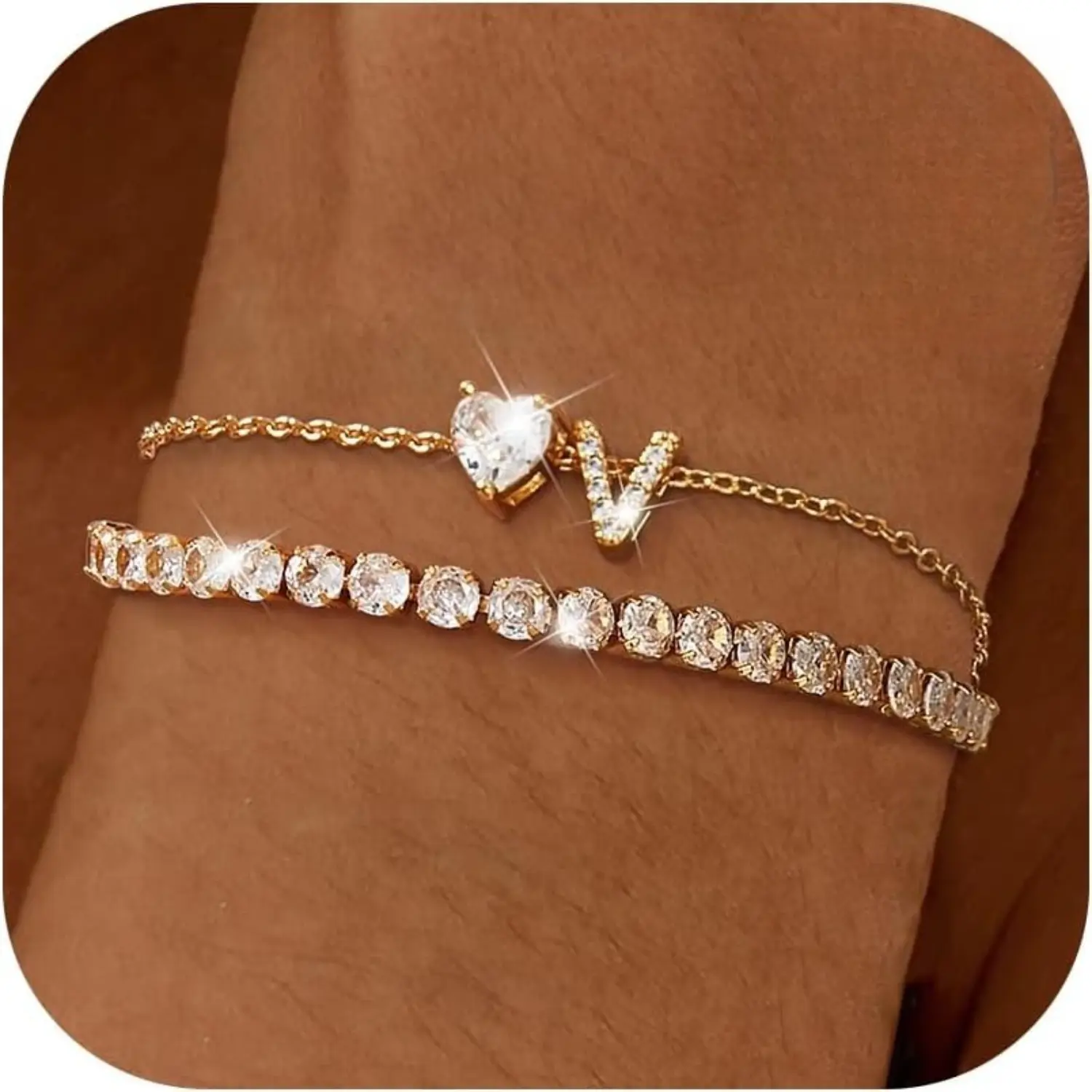 Milacolato Women's 925 Letter Link Bracelet - 16 + 5 Cm Adjustable, Gold Initial Heart Pendant, Bling Cubic Zirconia, Lead-Free Nickel-Free, Non-Tarnishing, Waterproof Design, Gold Aesthetic, Beach Daily Wear Fashion Jewelry Gift