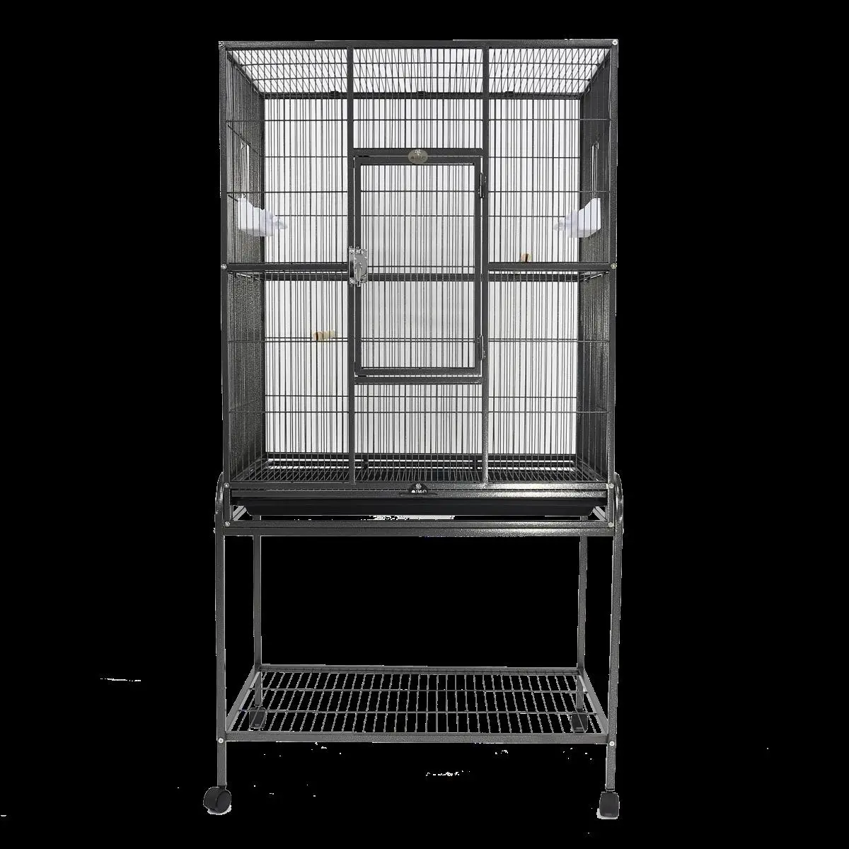 212 MAIN Compact Vertical Iron-Bar Metal Bird Flight Cage for Small Birds - Conure Fit, 2 Plastic Feeder Cups, Storage Shelf, Slide-Out Grill, Slide-Up Feeder Doors, Removable Stand, 62" H x 20" W x 31" L, 35" Interior Height (Black)