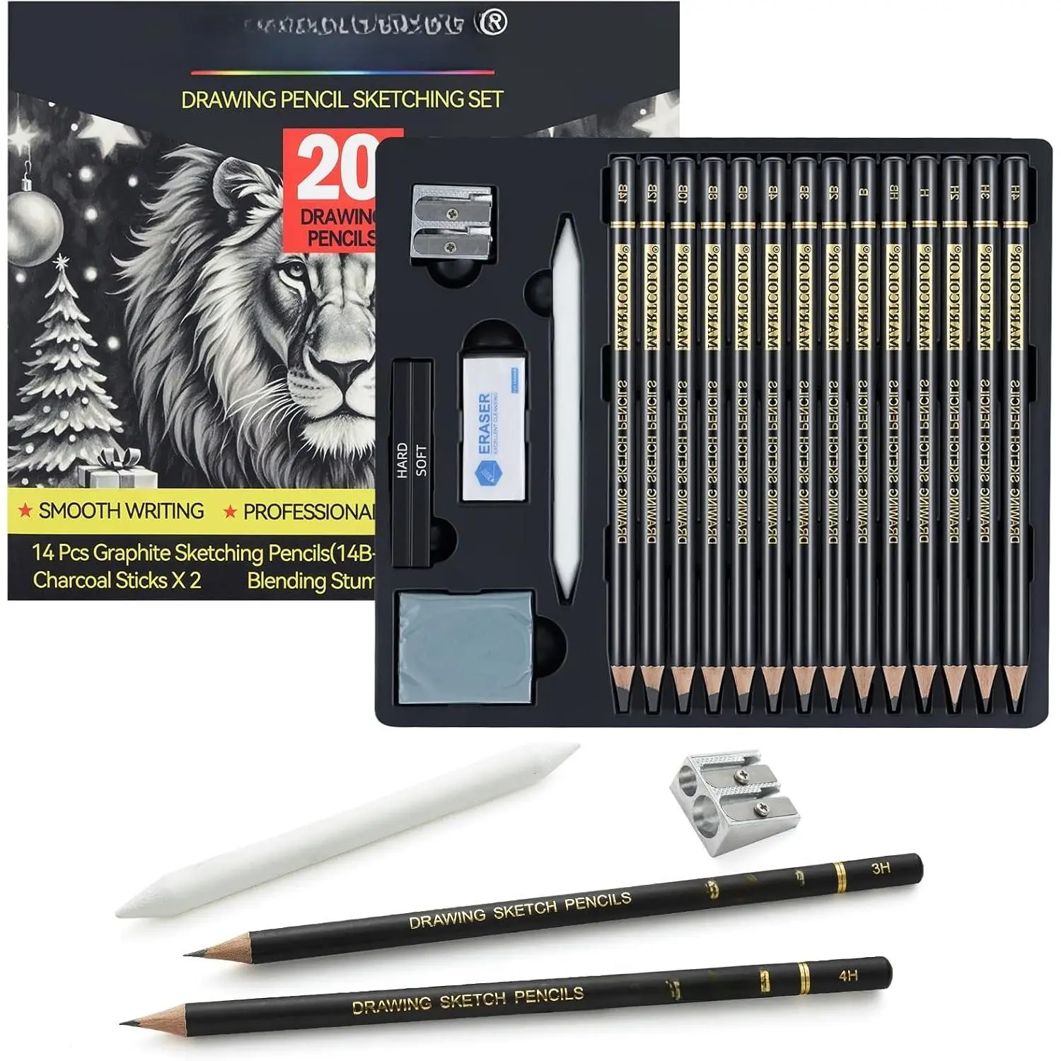 Drawing Sketching Pencil Set, 20 count, Graphite Pencils (14B-4H), Charcoal Sticks, Stump, Eraser, Sharpeners, Ideal for Drawing Art, Sketching, Artist Pencils for Beginners & Pro Artists
