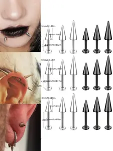 3-Pack Stainless Steel Sharp Cone Lip Ear Piercings, 18k Plated, Hip Hop Punk Style, Daily & Party Use, Sizes 6/8/10mm