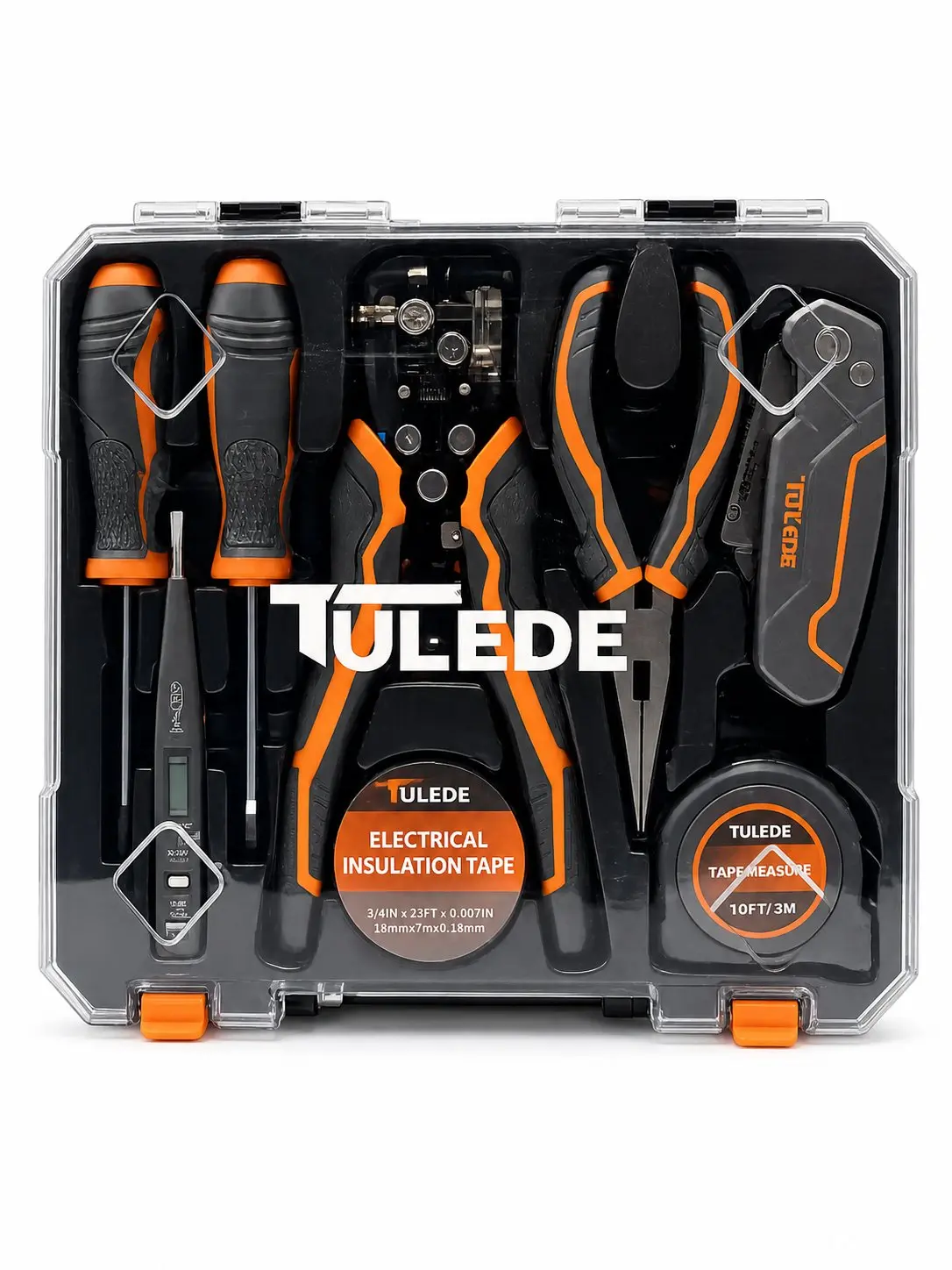 Electric Insulation Hand Tool Kit for Electrical Work, Includes 10ft Tape Measure, 6'' Long Nose Plier, 8'' Auto Wire Stripper, Digital Display Measuring Pen, 5*3in Screwdriver, Auto Stripper, Feet/Inches