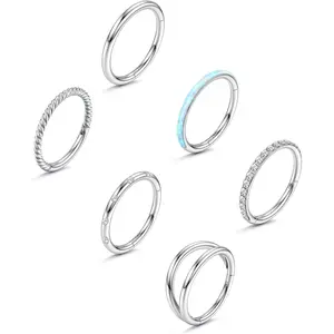 FLORIDECO 6PCS 18G Surgical Steel Nose Rings Hoop for Women Men Small CZ Clicker Hinged Septum Piercing Jewelry Lip Helix Cartilage Conch Tragus Rook Daith Earrings Steel Gold-tone 8MM 10MM Daily Elegant Convenience