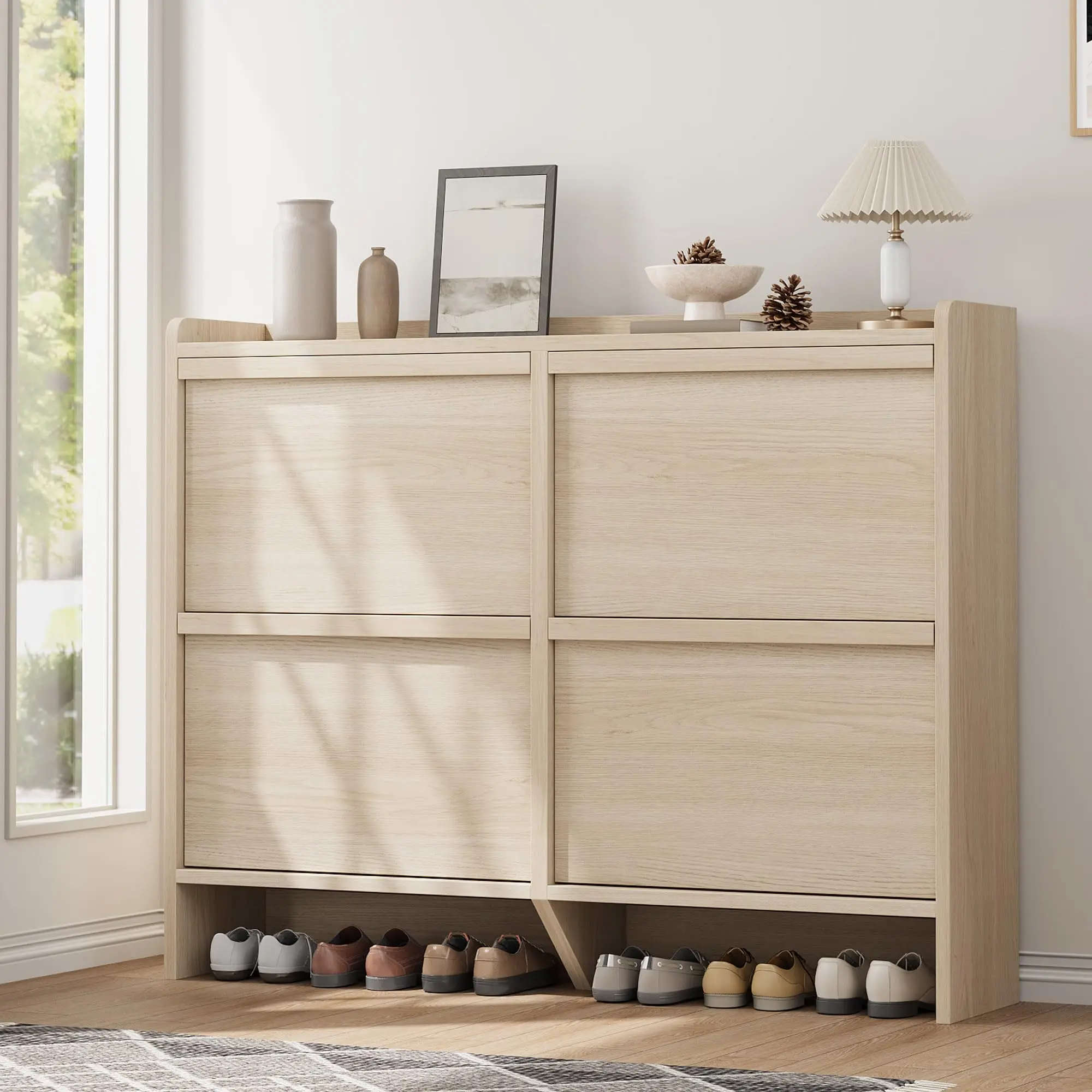 👟 4-Door Flip Shoe Cabinet – More Storage, Wooden Organizer with Adjustable Shelves – Hidden Entryway & Hallway Cabinet ✨, Decor, Rack, Drawer, Wall