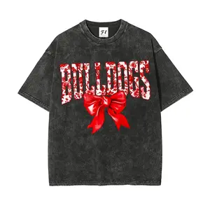 Vintage Acid Wash Oversized T-Shirt "BULLDOGS" Coquette Bow Graphic Tee, 100% Cotton Heavyweight Streetwear, Distressed Mineral Wash Loose Fit Short Sleeve for Women