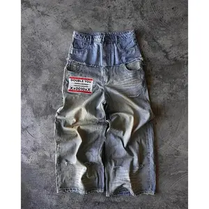 Retro Double Stitching Washed Baggy Jeans Men's Y2K Harajuku Hip-Hop Gothic Casual Joker Wide Trousers Street Wear Christmas Gift Tiktok Shop BlackFriday Machine Washable Fashion