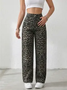 Women's Leopard Print Denim Jeans, Loose Fit Casual Straight Leg Pants, Mid Waist Button Fly, Elegant Chic All Seasons Wear Womenswear