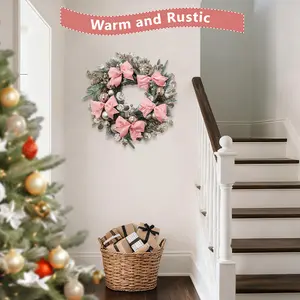 24 Inch Christmas Wreath with Shatterproof Balls & Pink Bow, Holiday Door Decor