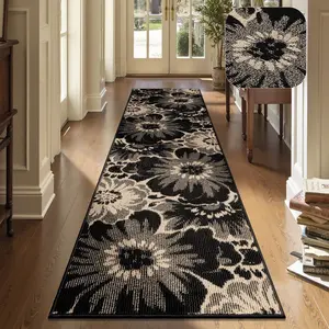 Hallway Runner Rug 2x8, Non Slip High-Low Textured Floral Washable Runner Rug with Rubber Backing, Boho Carpet Runner for Kitchen, Entryway, Bedroom, Laundry, Black & Beige